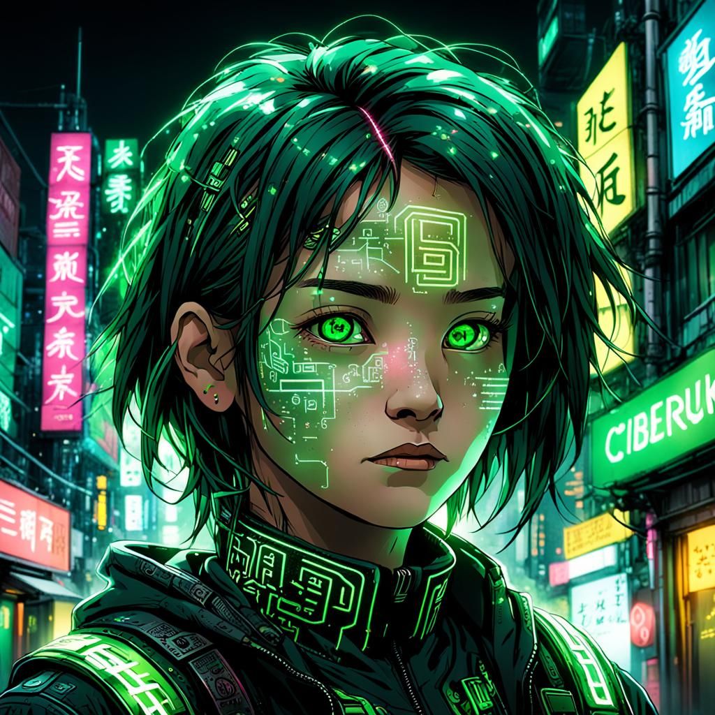 Primer plano de un rostro con circuitos cibernéticos brillantes que salen de la piel, creando una herida perfecta entre...