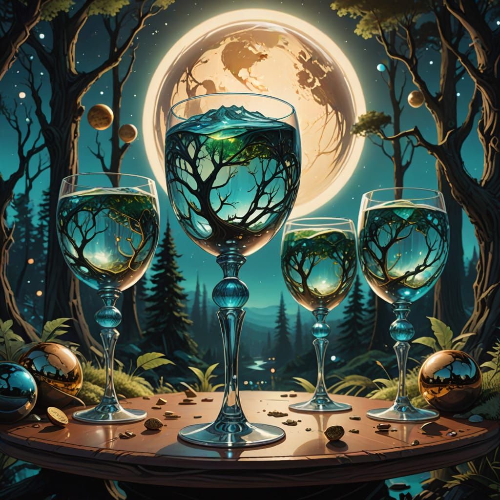 Surreal Goblets Overflowing with Celestial Treasure in a Dig...