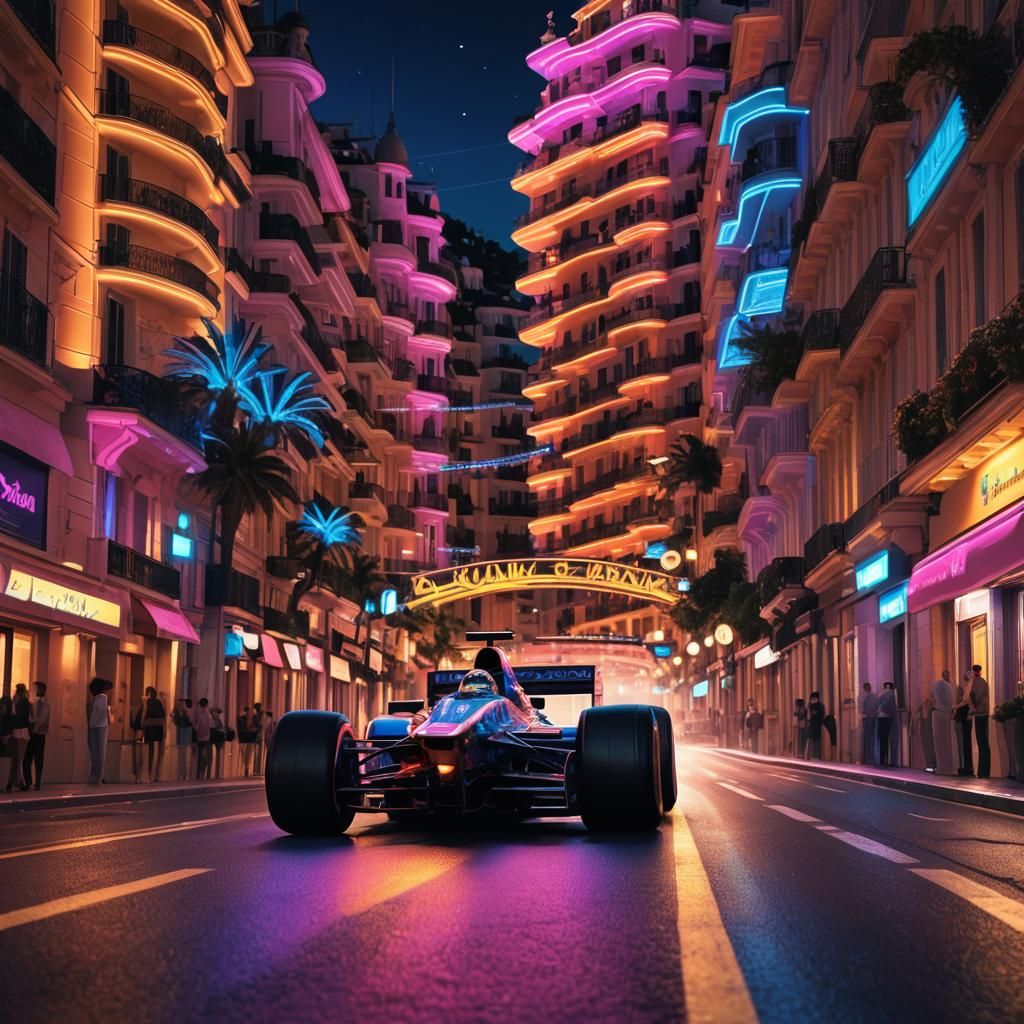 Formula 1 Car Races Through Neon Monte Carlo