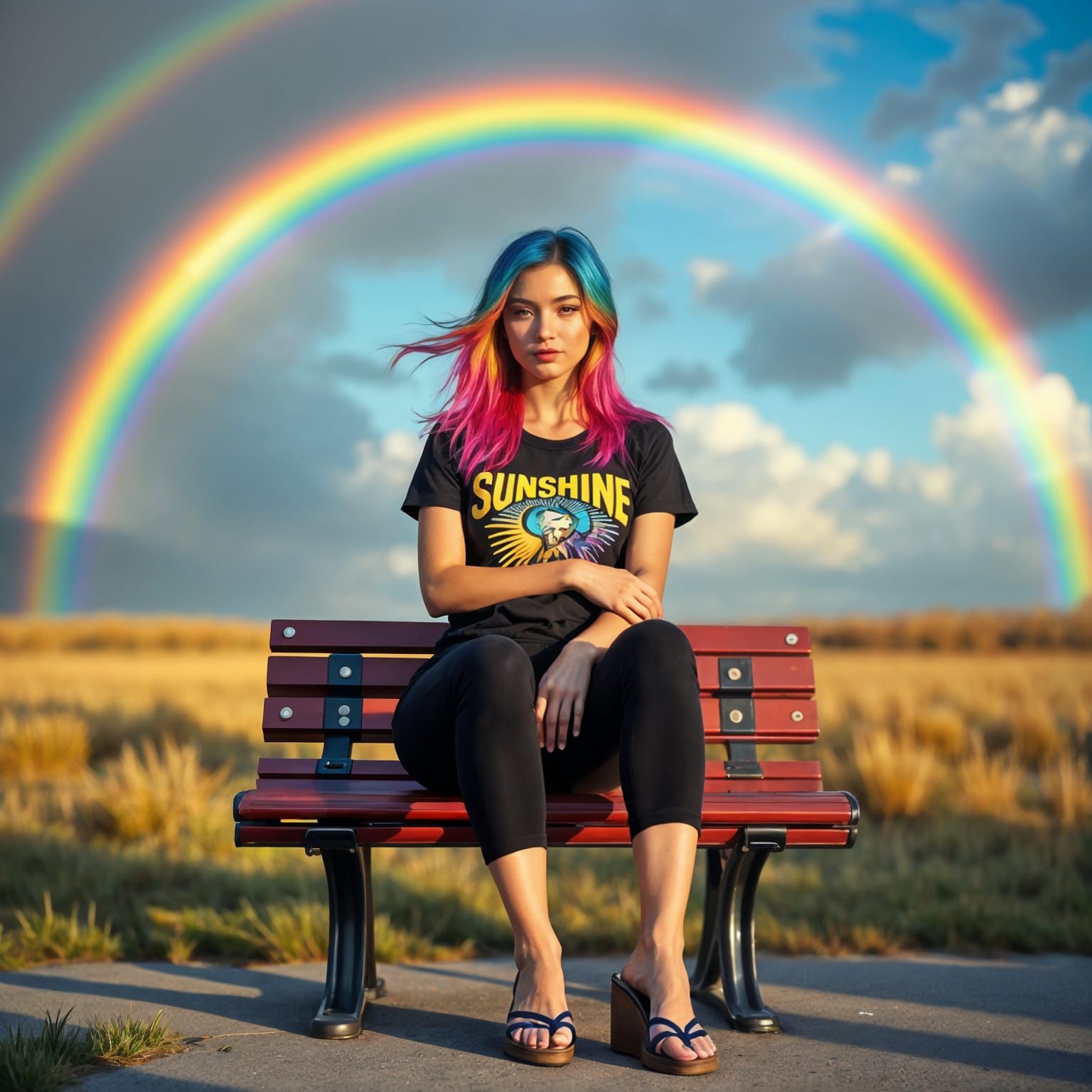 Vibrant Woman Under Double Rainbow