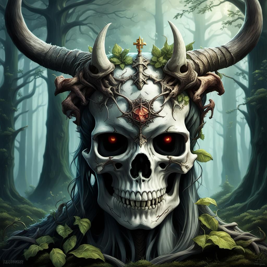 Horned Skull Forest Goddess Digital Art
