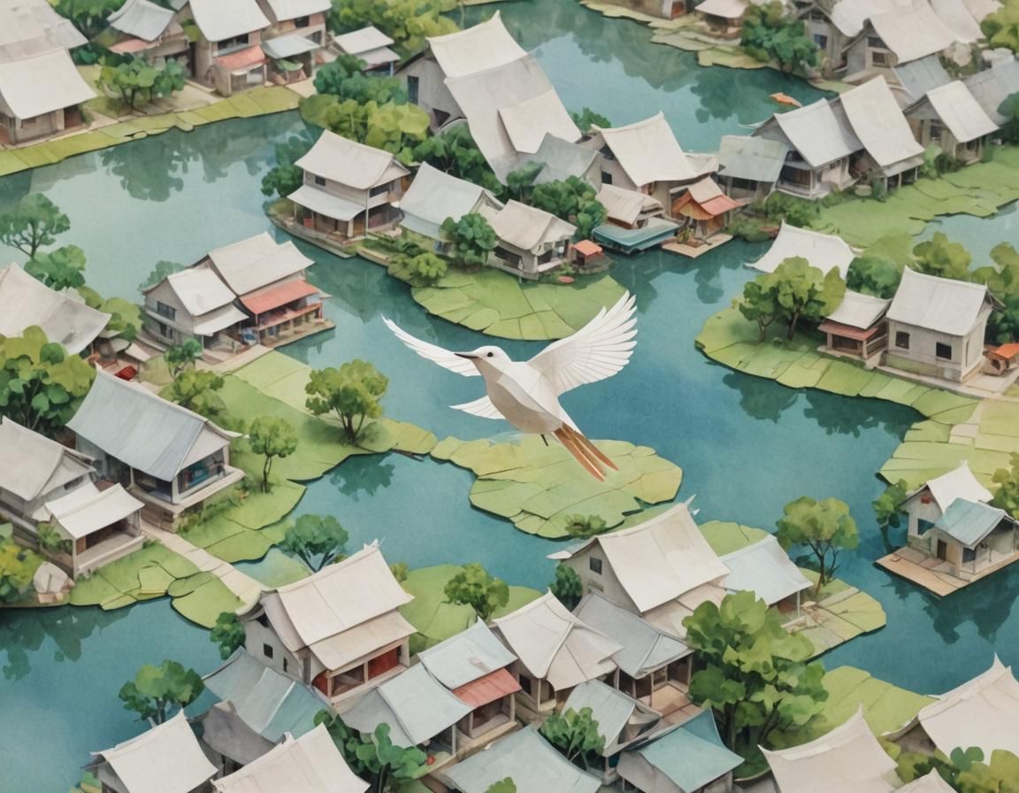 Bird's-Eye View of Vietnamese Village in Origami Style