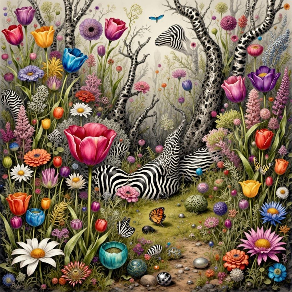 Vibrant Tulip Garden in Zebralic Punk Style