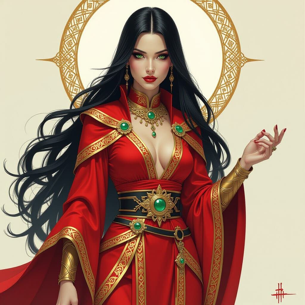 Biomechanical Priestess in Crimson and Gold Robes