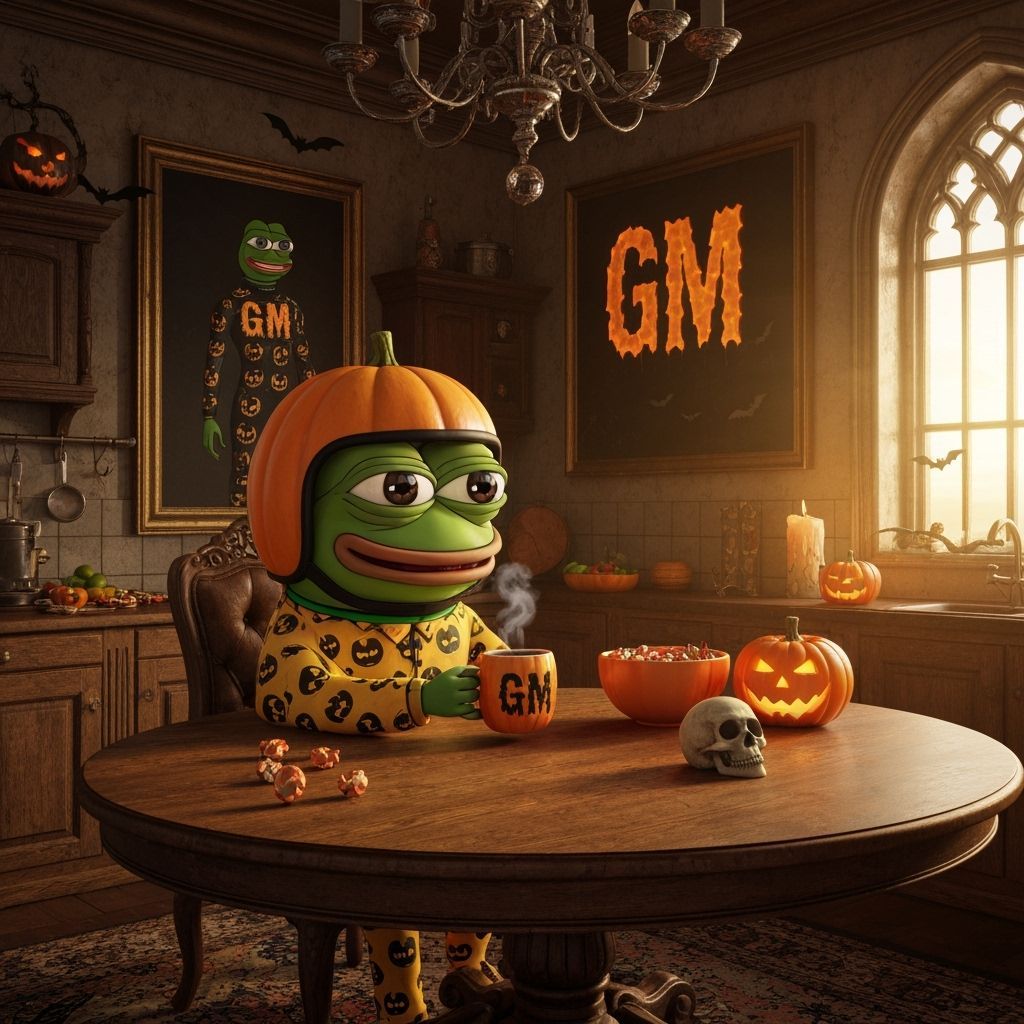 Cartoon Pepe Frog in Jack O Lantern Gear with Coffee Mug