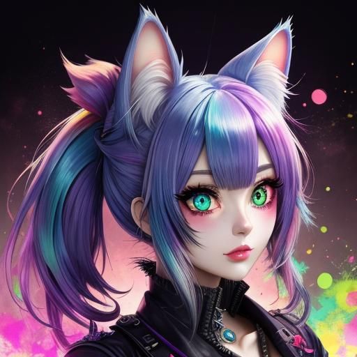 Anime Zombie Girl with Cat Ears in Maximalist Style
