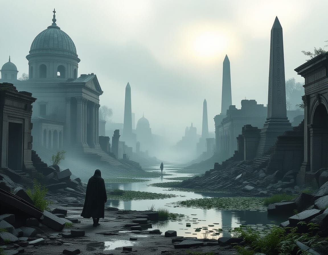 Ethereal Ruins of a Fog-Shrouded City