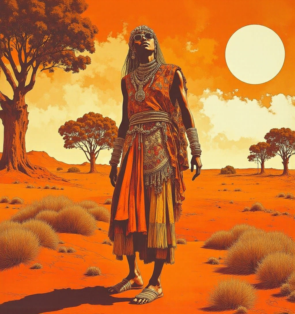 Australian Aboriginal in Vast Desert Landscape