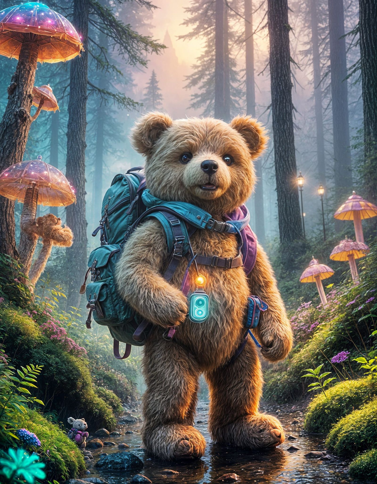 Adventurous Teddy Bear in Ethereal Neon Landscape