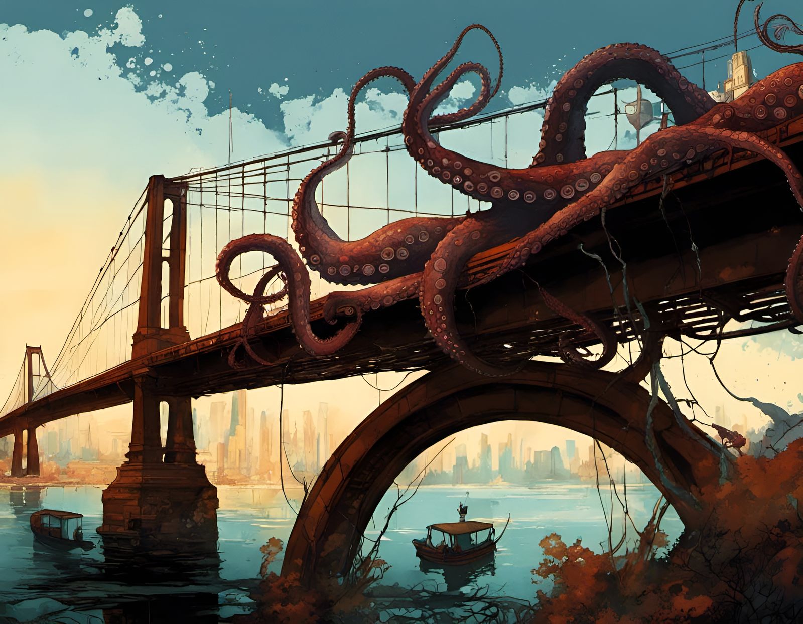 Giant Octopus Constricting Bridge in Horror Art Style