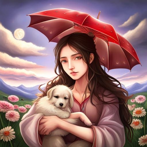 Anime Woman with Puppy Under Umbrella