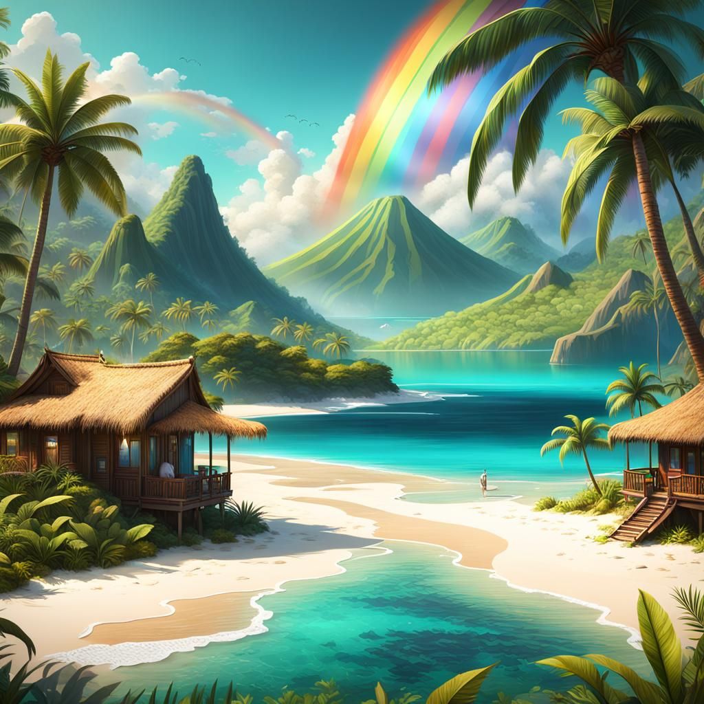Tropical Beach Paradise with Rainbows and Volcanoes