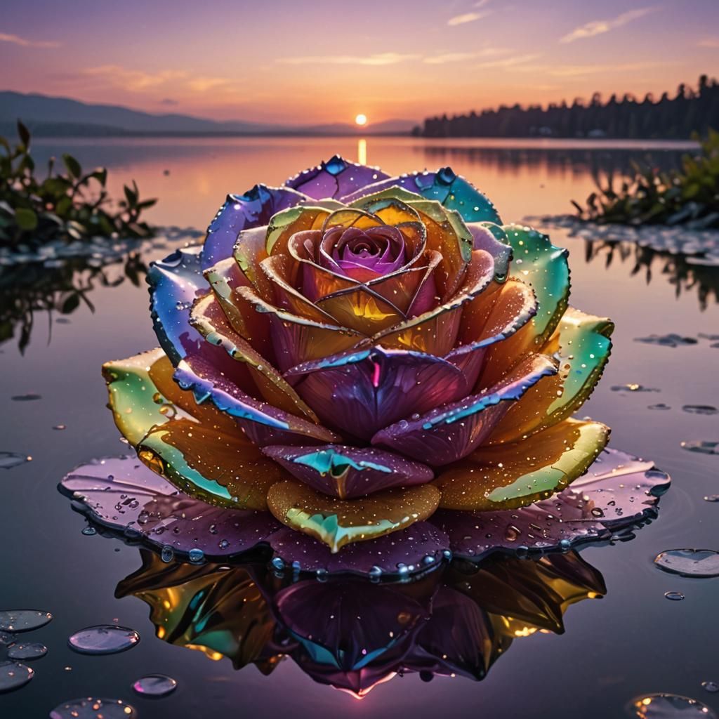 Crystal Rose with Dew Drops at Sunset