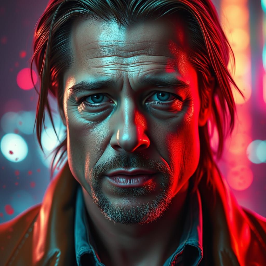Brad Pitt Splash Art Portrait in Neon Style