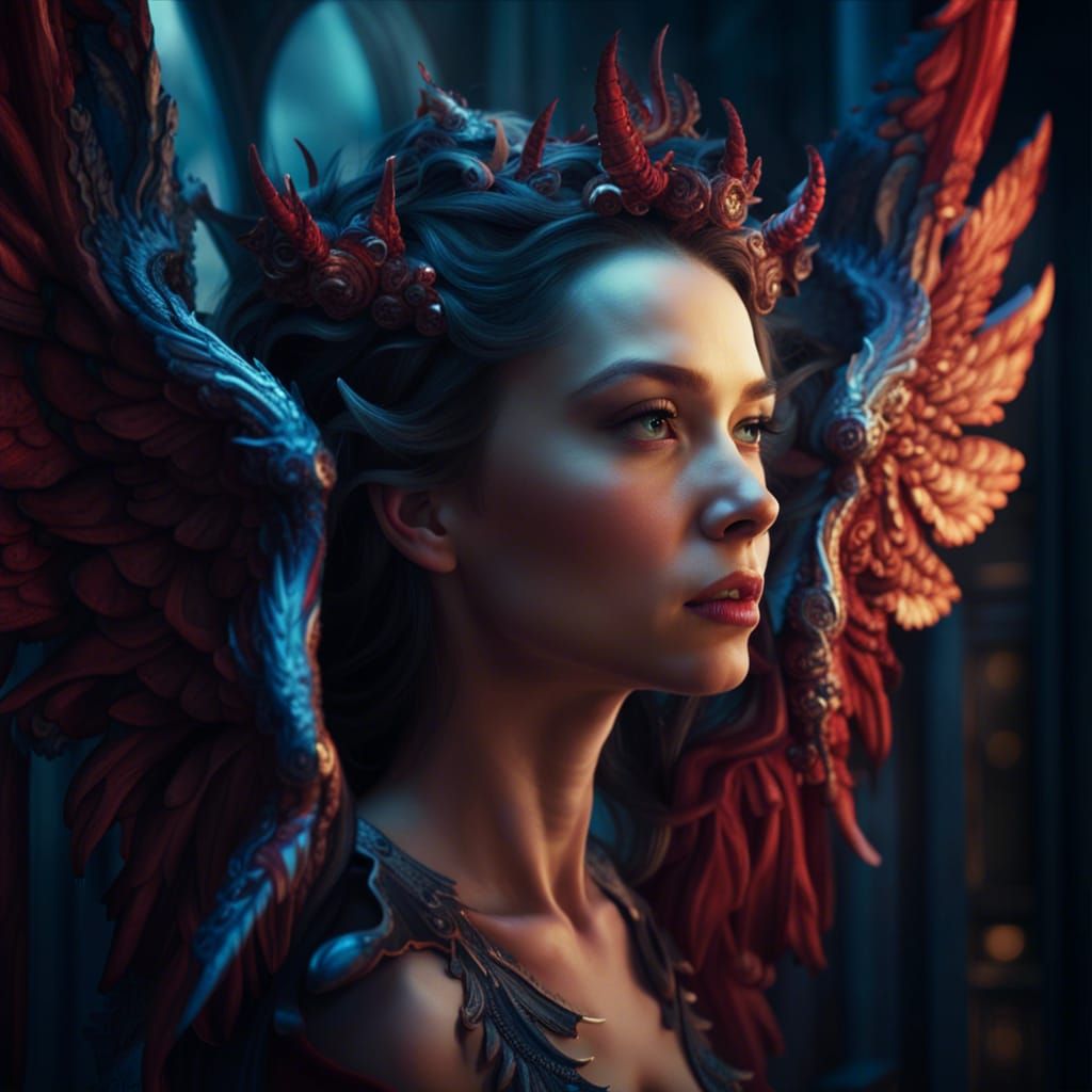 Winged Woman and Demon Mirror Reflection