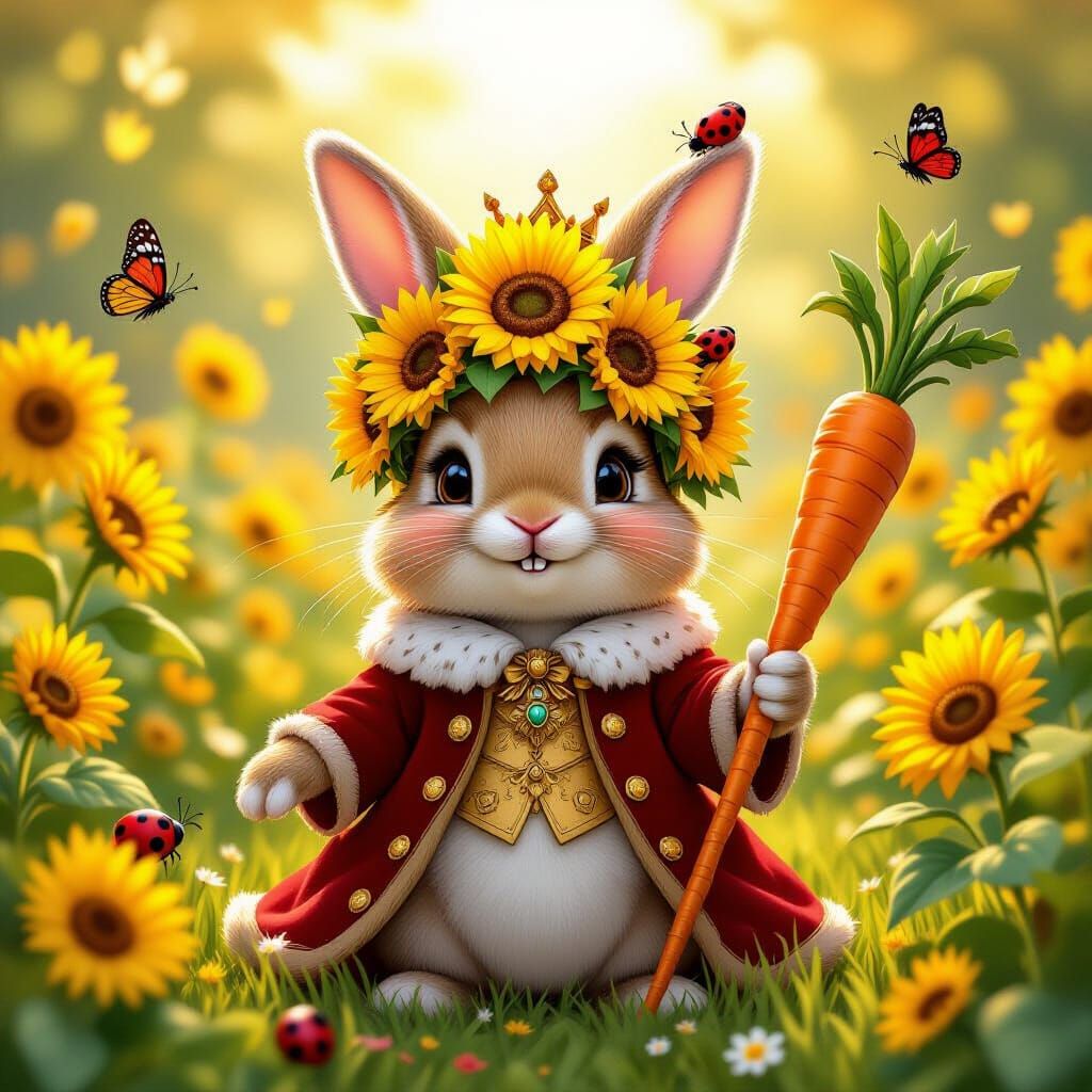 Rabbit King in Sunflower Crown Surveys Garden Kingdom