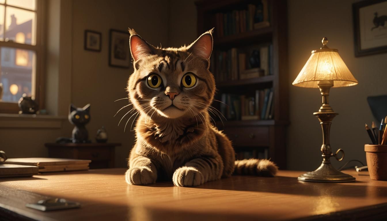 Cat Gazing at Mysterious Light, Pixar Style