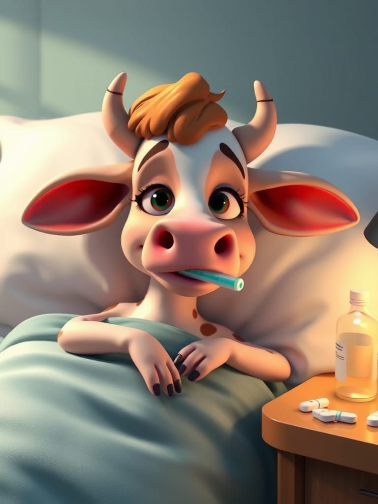 Cartoon Cow Sick in Bed: 2D Cartoon Illustration