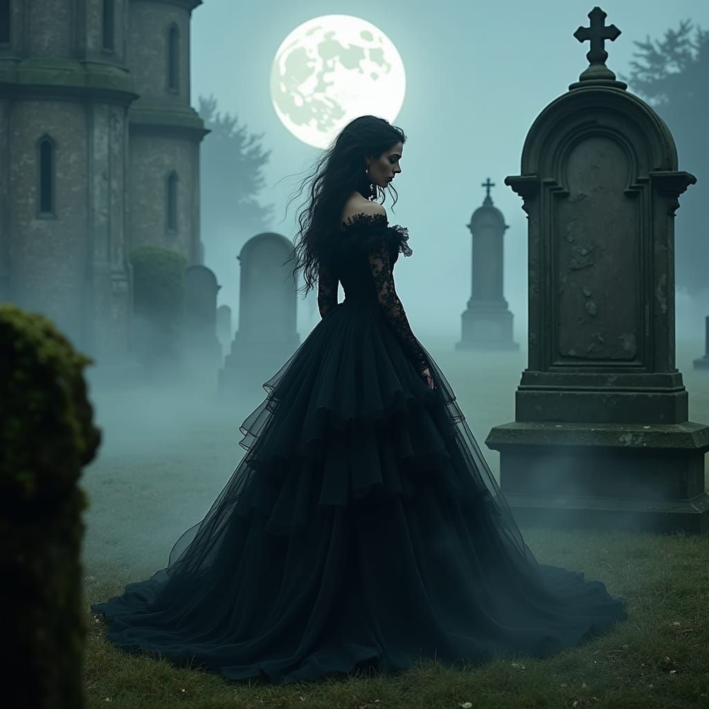 Ethereal Goth Woman in Misty Victorian Graveyard