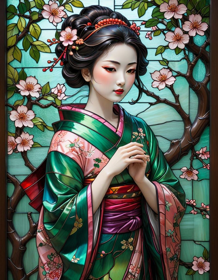 Geisha in Stained Glass Panel by Tiffany