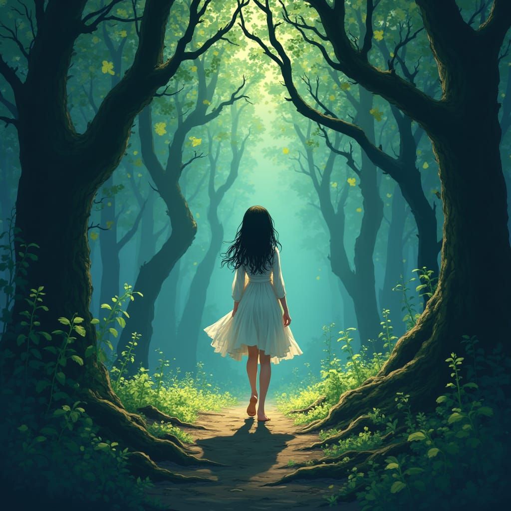 Melancholic Girl Melts into Forest in Manga Style