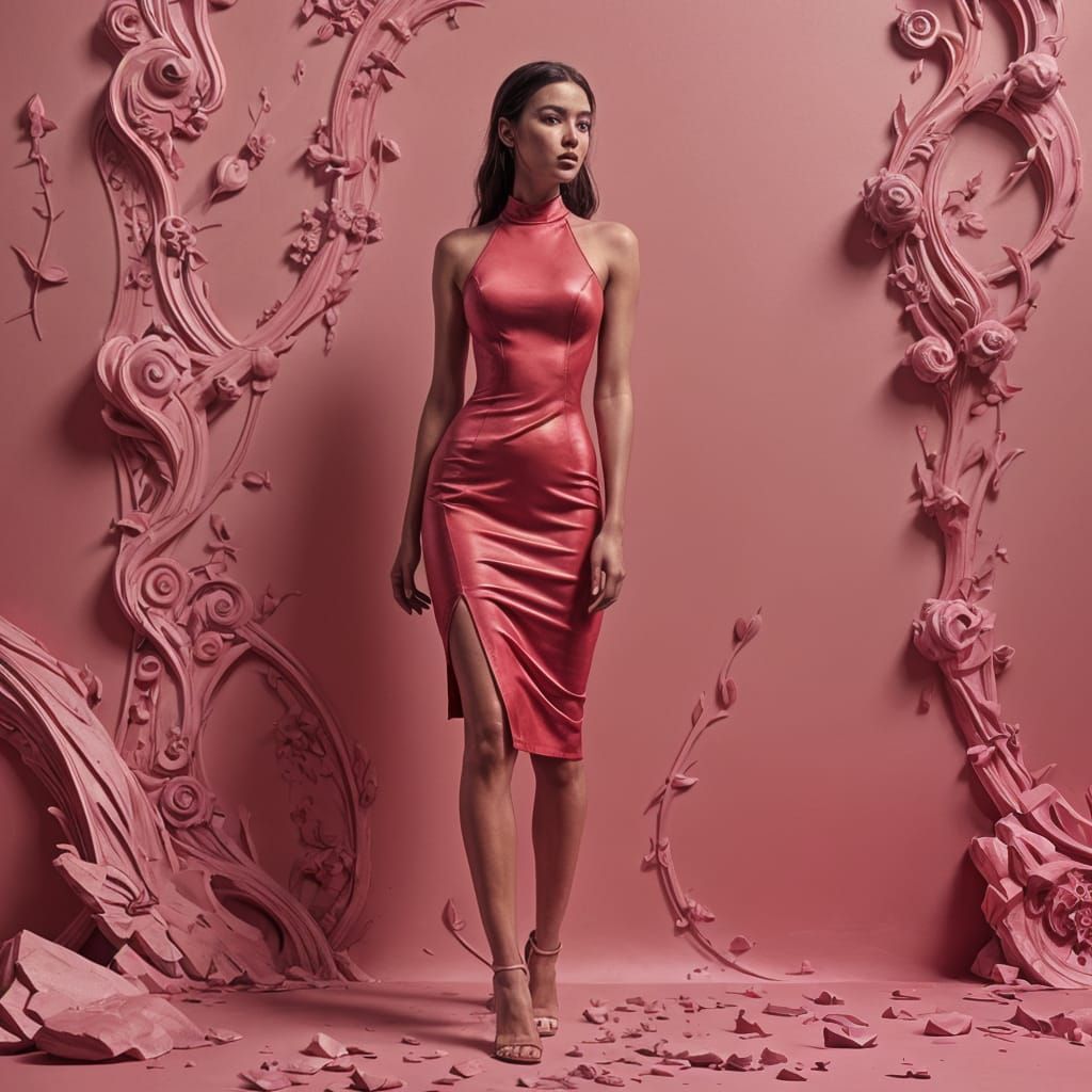 Red Dress Against Pink Background in Detailed Matte Painting