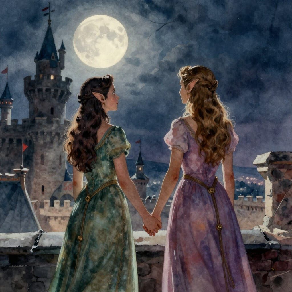 Elves Holding Hands Under Moonlight on Castle Rooftop in Wat...