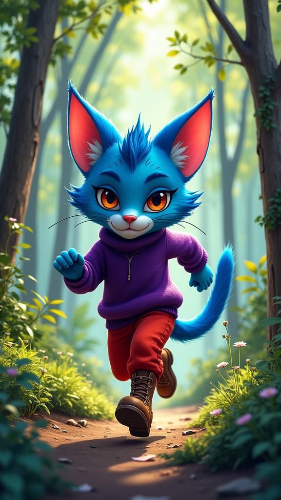 Anthropomorphic Cat Boy Running Through Forest