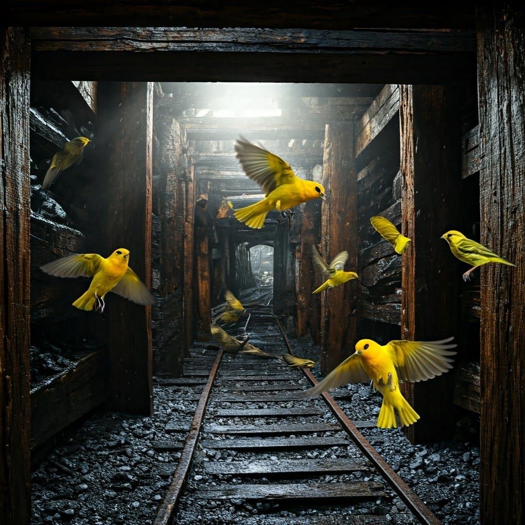 Songbirds in Abandoned Mine: Hyperrealistic Image