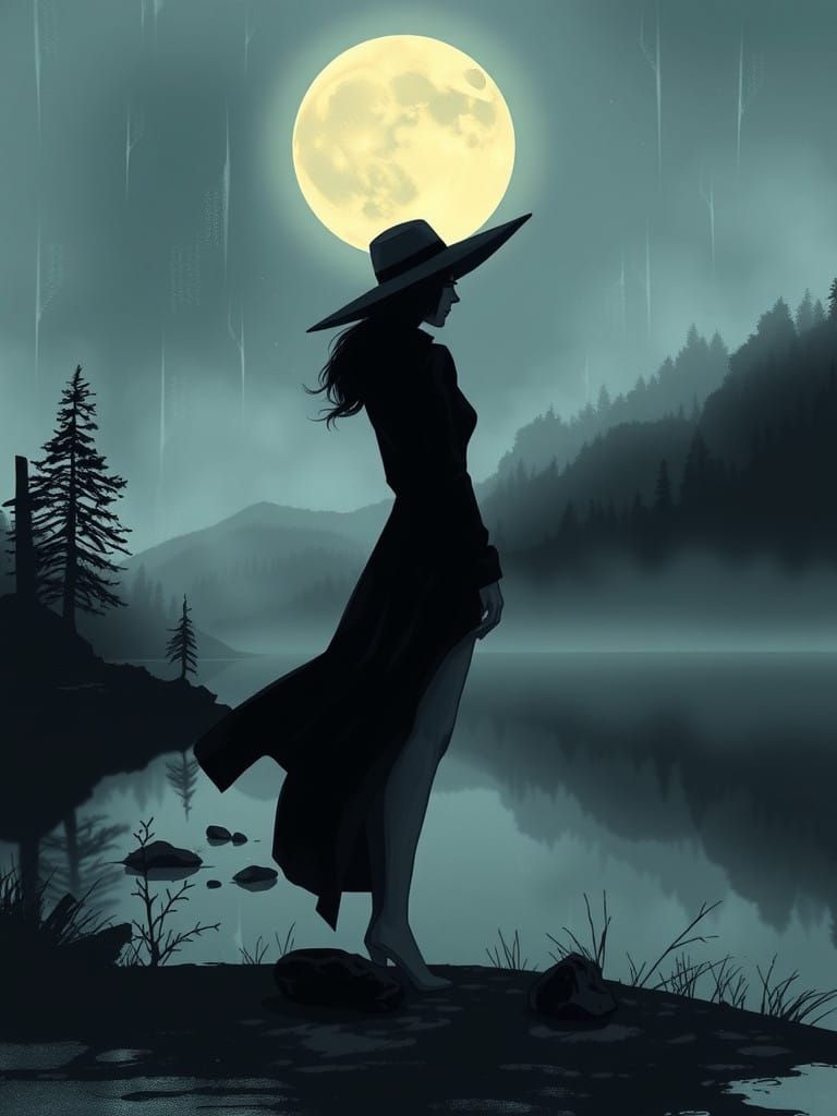 Mysterious Woman Stands at the Edge of a Desolate Moonlit La...