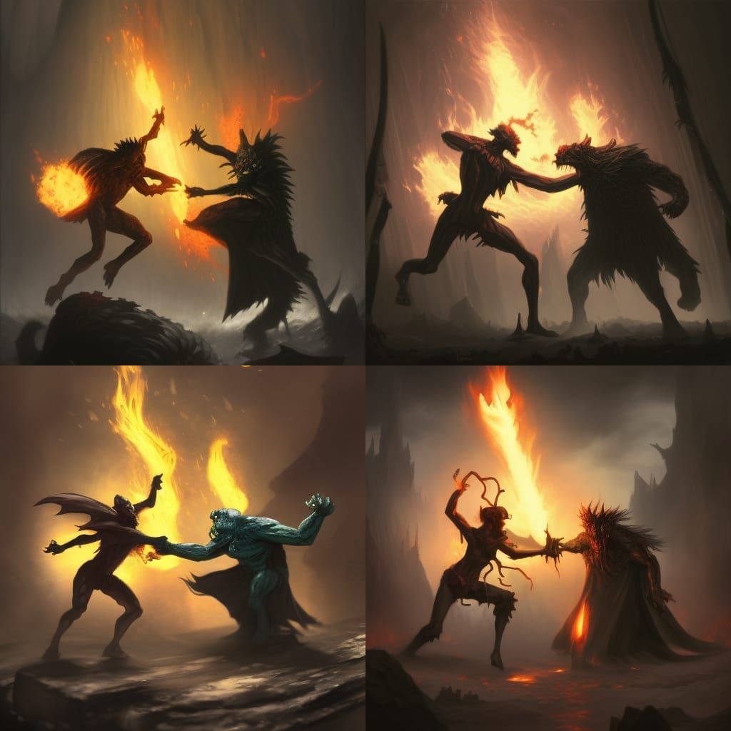 Epic Fire Rock Monster vs Black Demon in Dark Fantasy