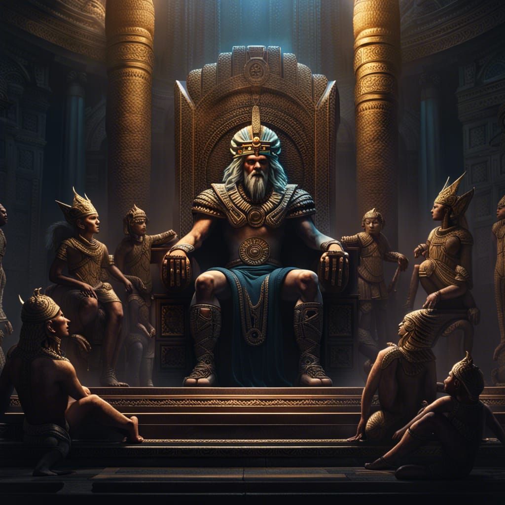 Anunnaki God Enki on Throne: Dark Fantasy Art