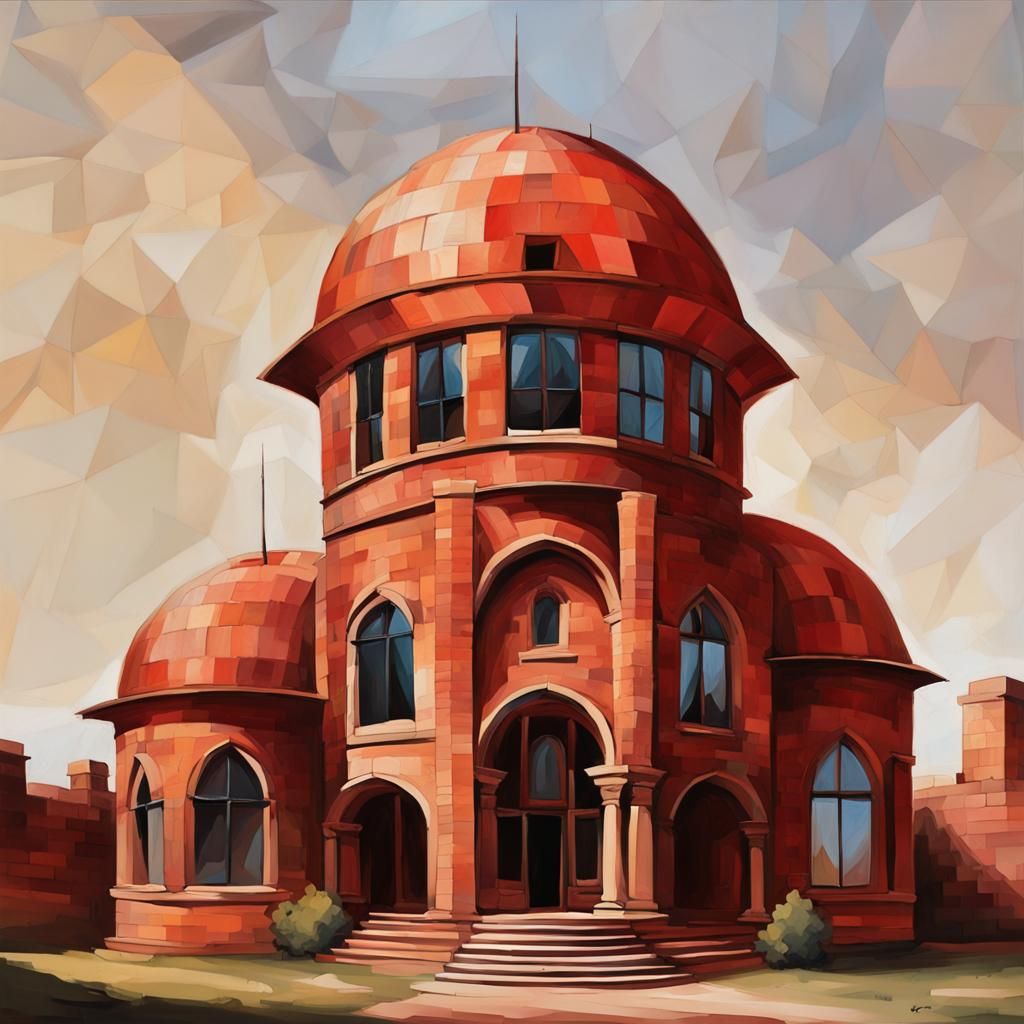 Abstract Red Brick House Architecture in Oil Paint Style