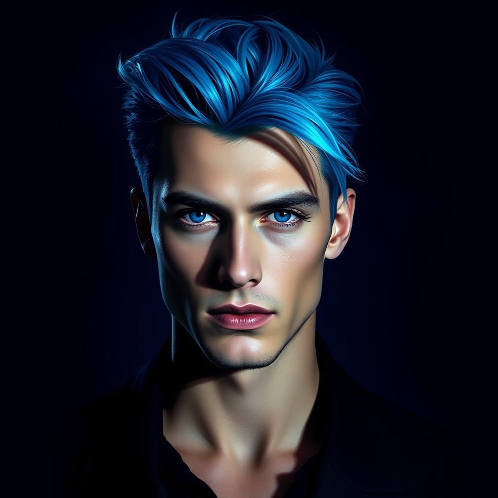 Vibrant Blue Hair Man Portrait with Piercing Eyes