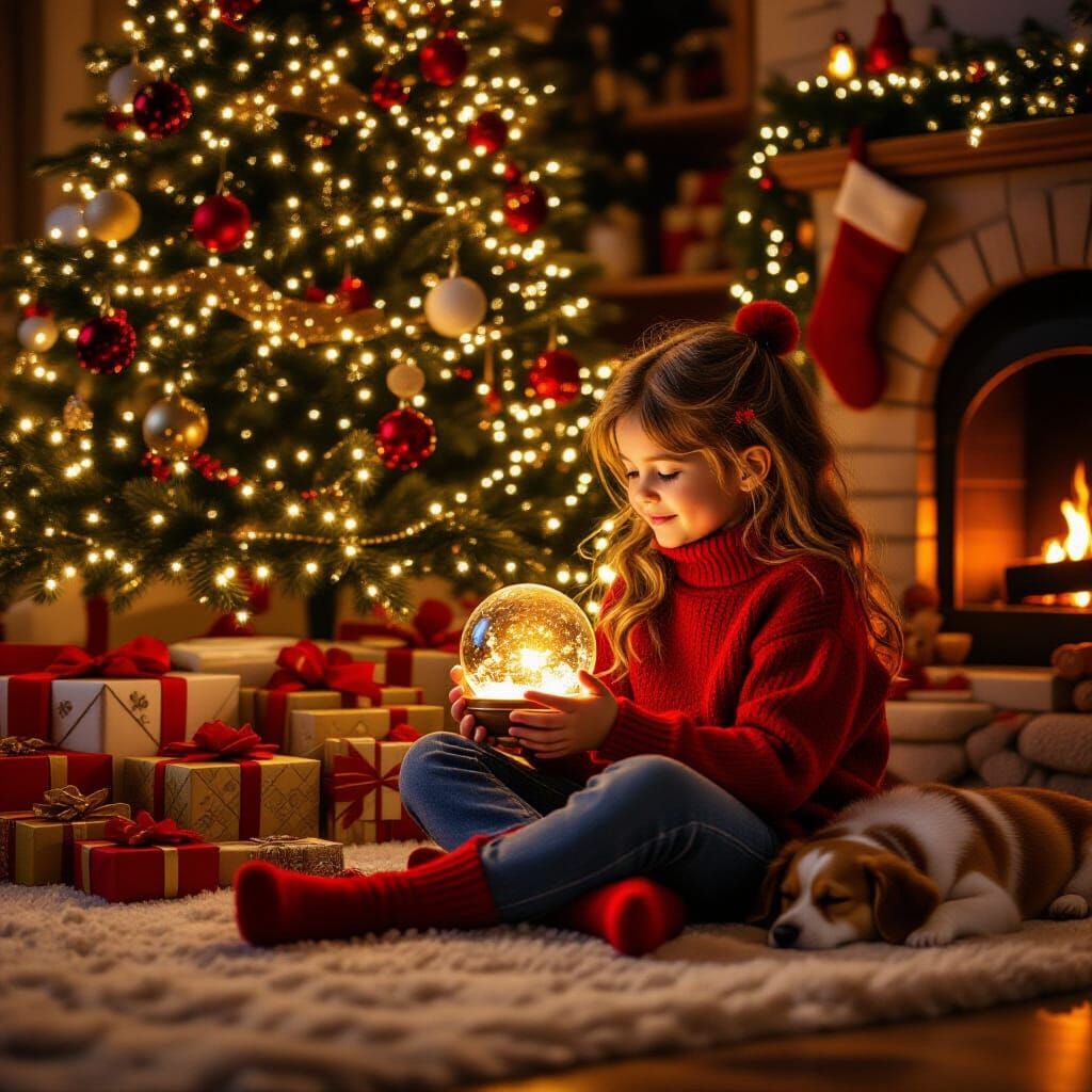 Girl with Snow Globe by Christmas Tree
