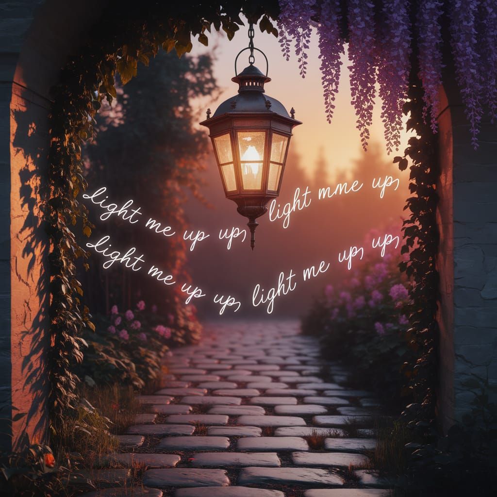 Antique Lantern Glow in Overgrown Garden at Sunset