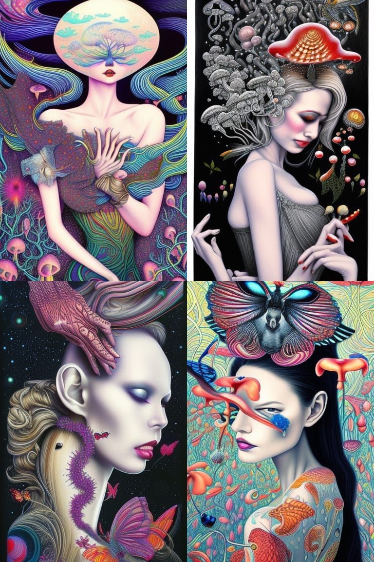 Woman and Mushroom: A Magic Realism Pencil Drawing