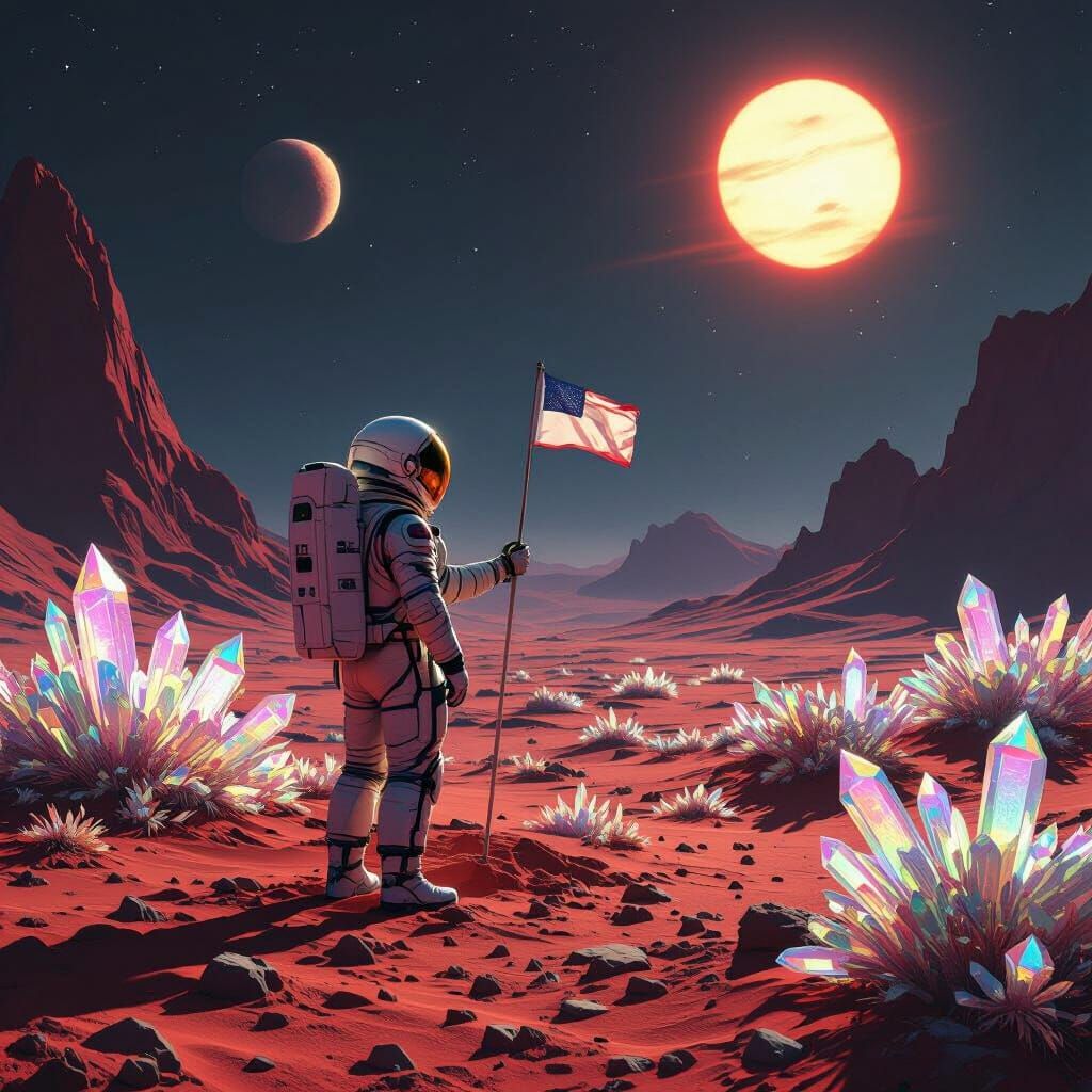 Astronaut Plants Flag on Crimson Planet Under Alien Suns