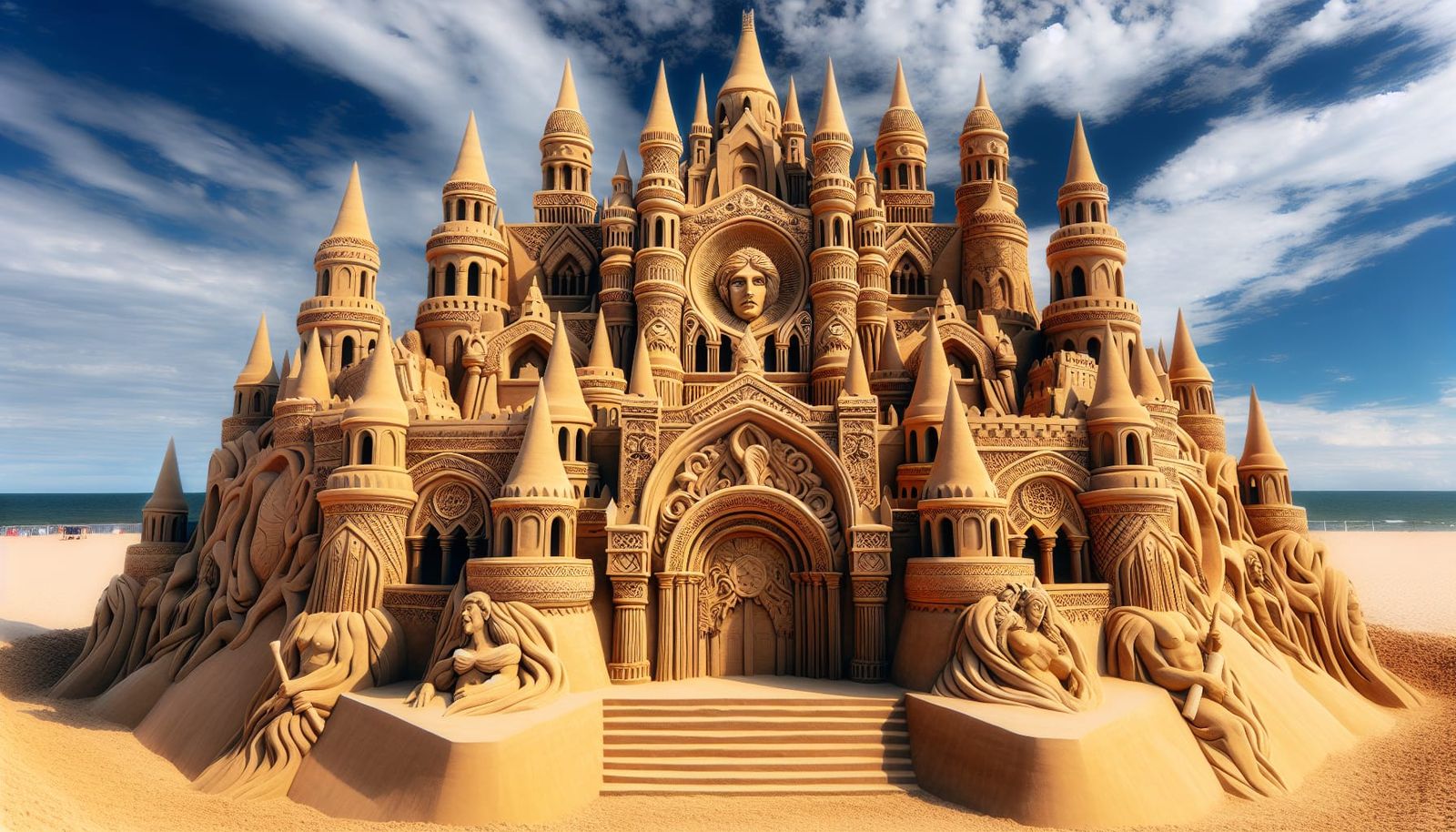 Mythical Sandcastle Sculpture Under Blue Sky