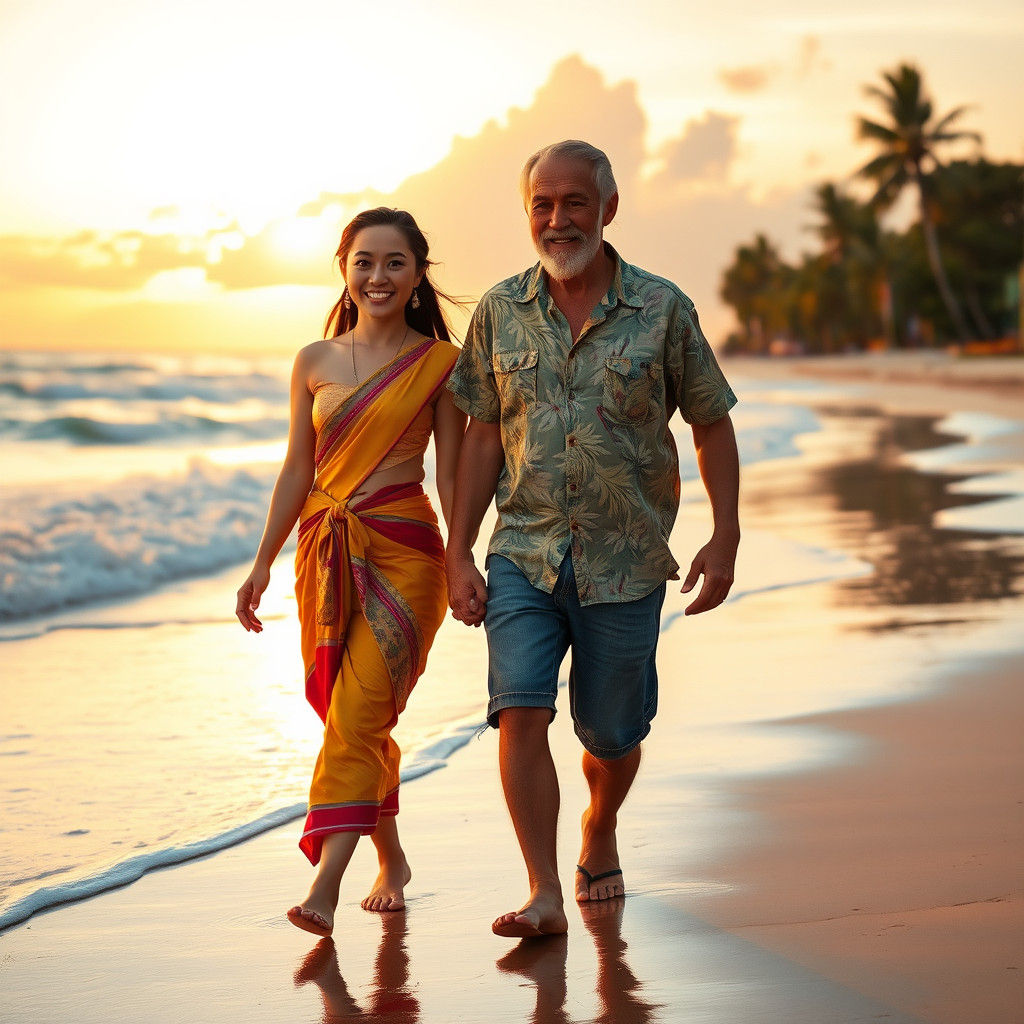 Thai Woman and Western Man at Sunset: Hockney Style