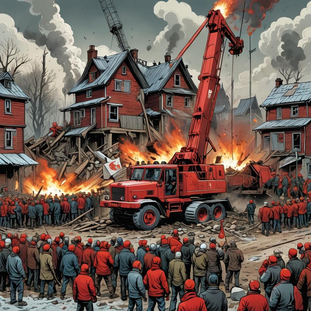 comic style. russian protest propaganda.  A rural house demolition. red crane from "Eigen Haard" with wrecking ball. fur...