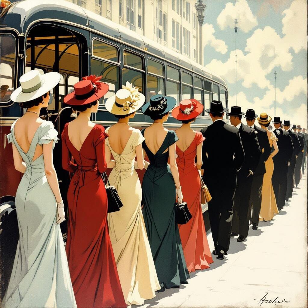 Vintage Bus Queue in Nostalgic Realism Style