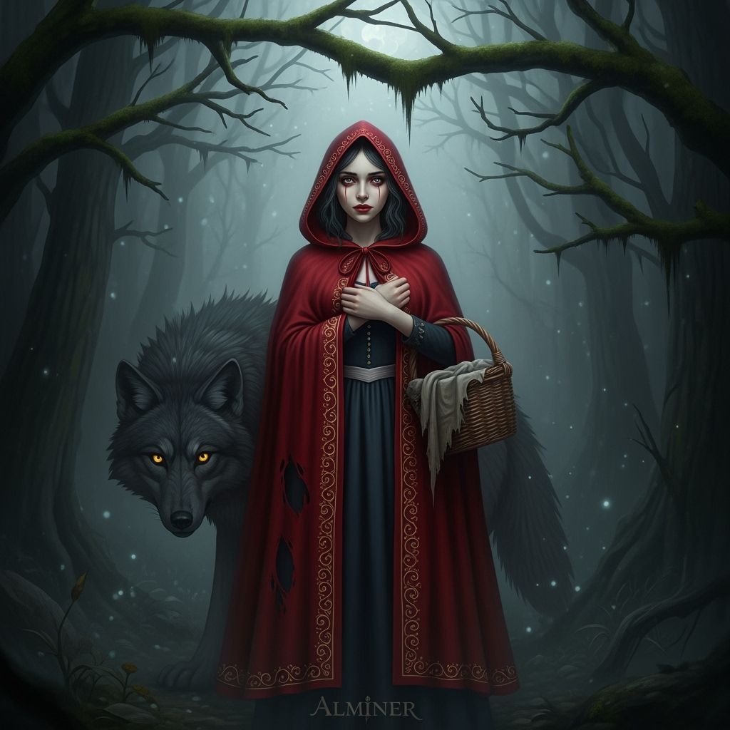 Red Riding Hood in Dark Mystical Forest