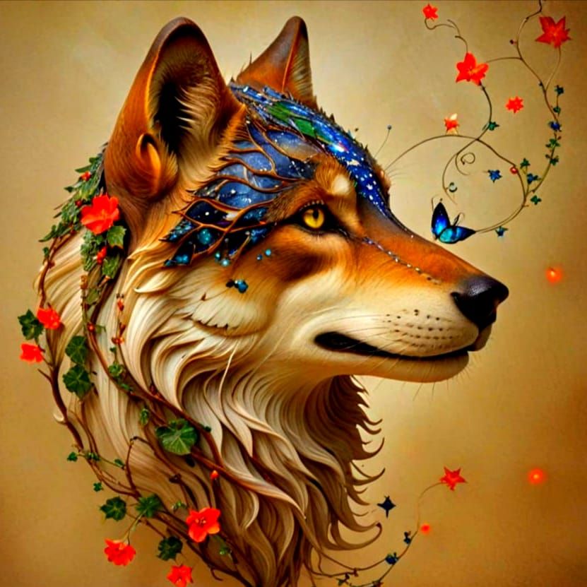 Ethereal Mongolian Wolf Under Starry Night
