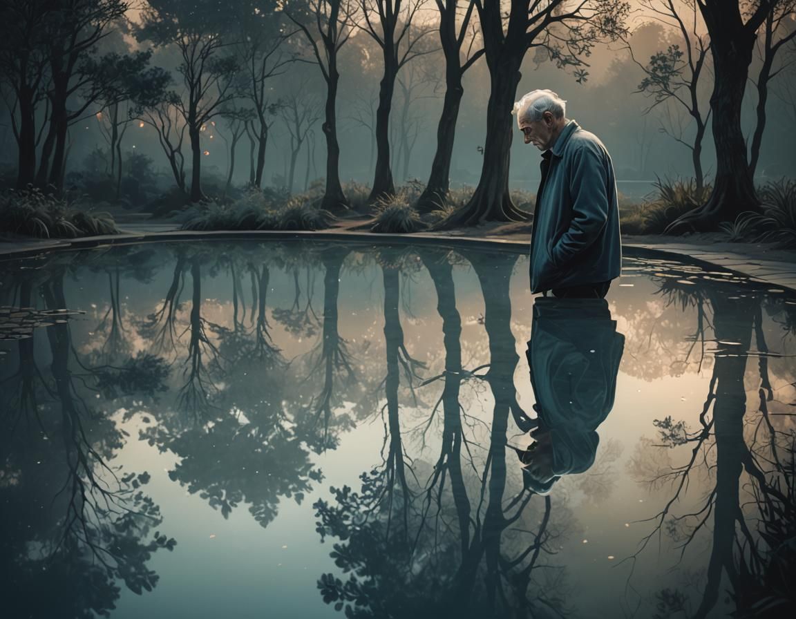 Old Man and Water Reflection: Digital Illustration