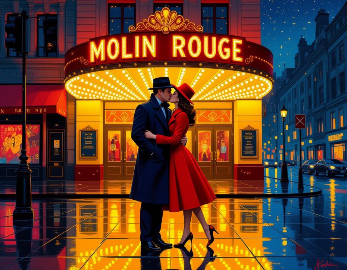 Romantic Kiss Under Starry Night Sky at Vintage Cinema