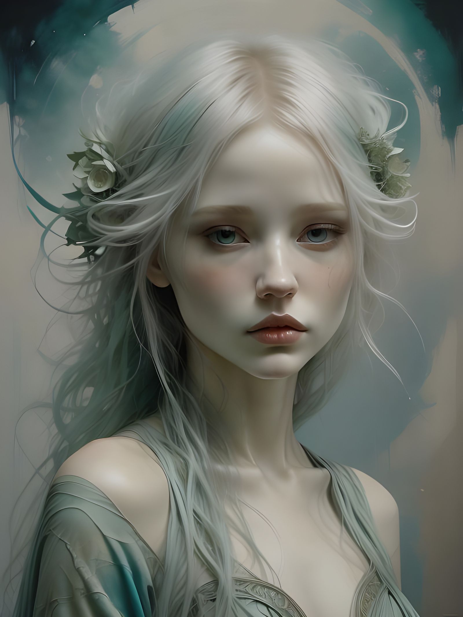 Elegant Albino Woman in Cerulean Blue and Sage Green