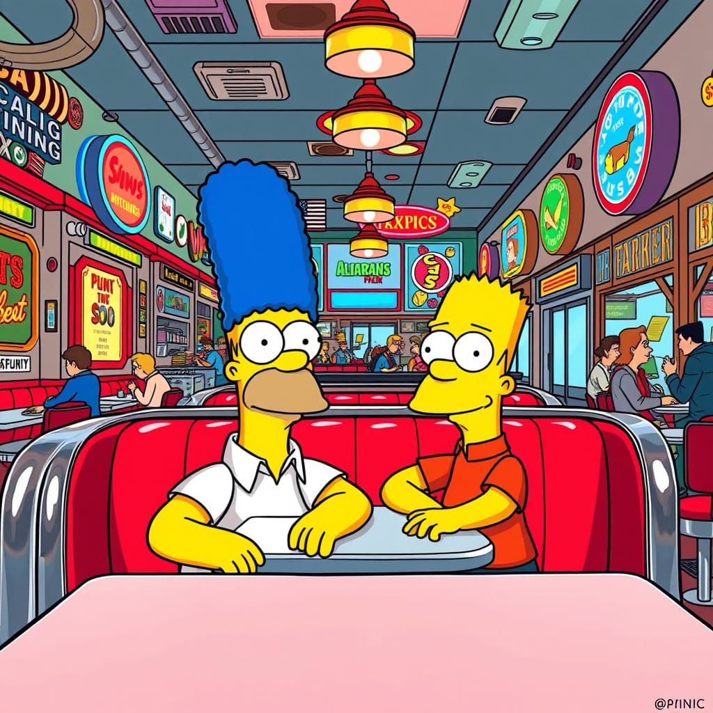 Homer Simpson & Cartman Dine Together in Vibrant Diner Scene