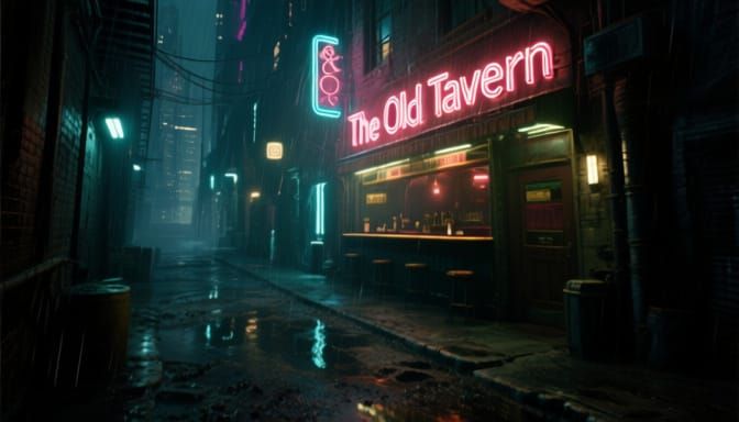 Neon-Noir Alleyway Bar at Night in 1980s Sci-Fi Style