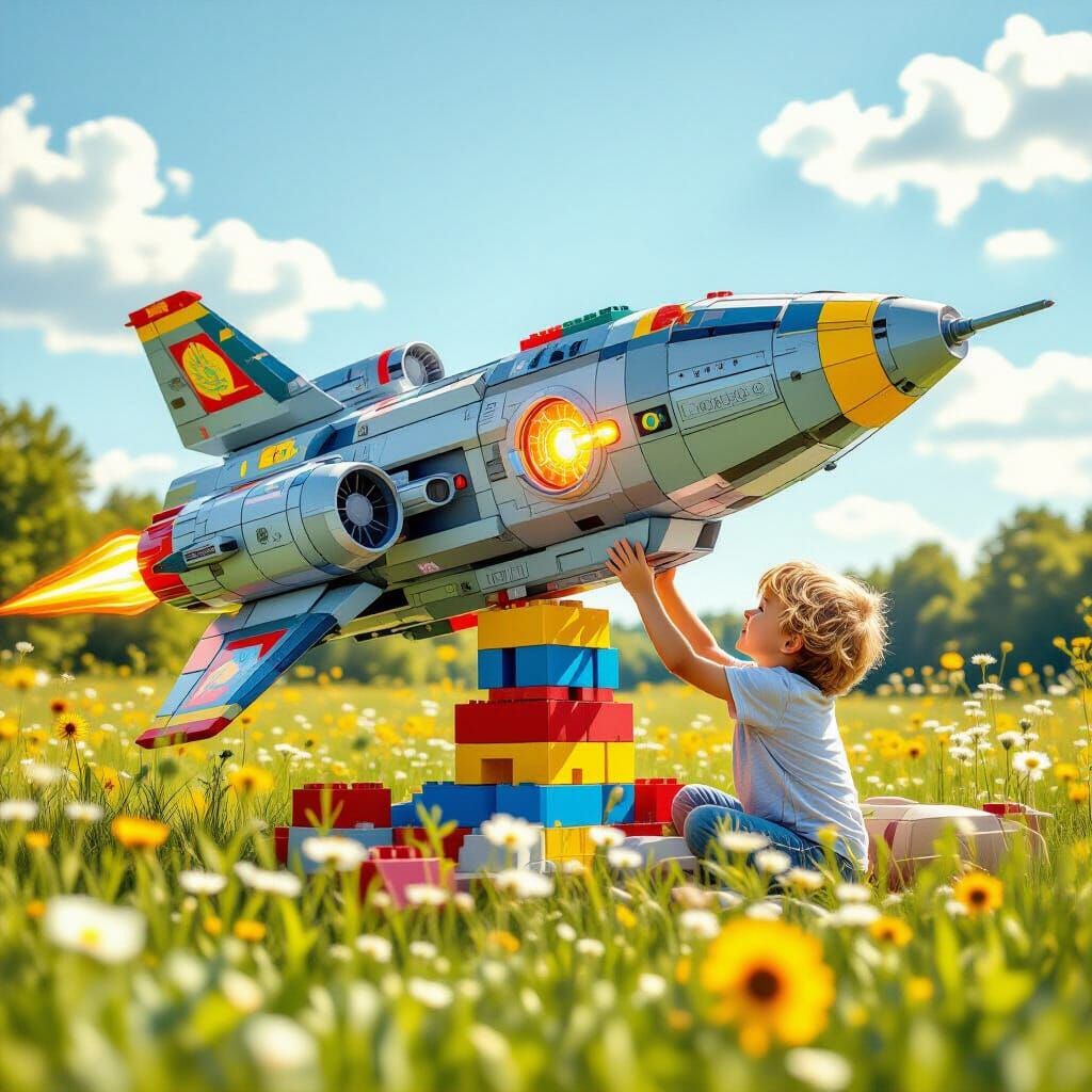 Boy Builds Glowing Spaceship in Sunny Meadow